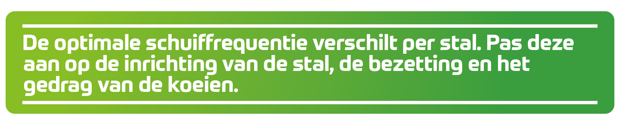 De optimale schuiffrequentie verschilt per stal. Pas deze aan op de inrichting van de stal, de bezetting en het gedrag van de koeien.